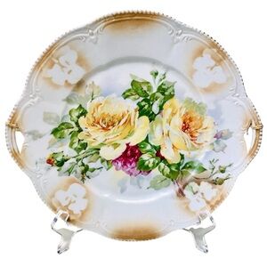 Antique Germany Yellow Pink Roses Porcelain Lusterware Handle Serving Cake Plate